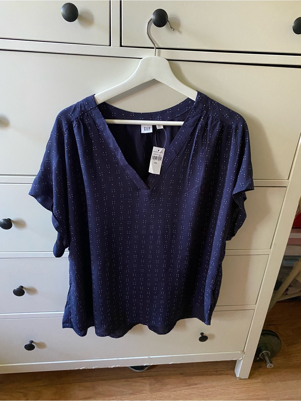 GAP Navy Short Sleeve V-Neck Blouse with Micro Dot Print